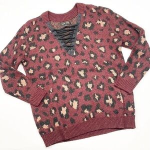 Love Tree maroon animal print lace up long sleeve knit sweater